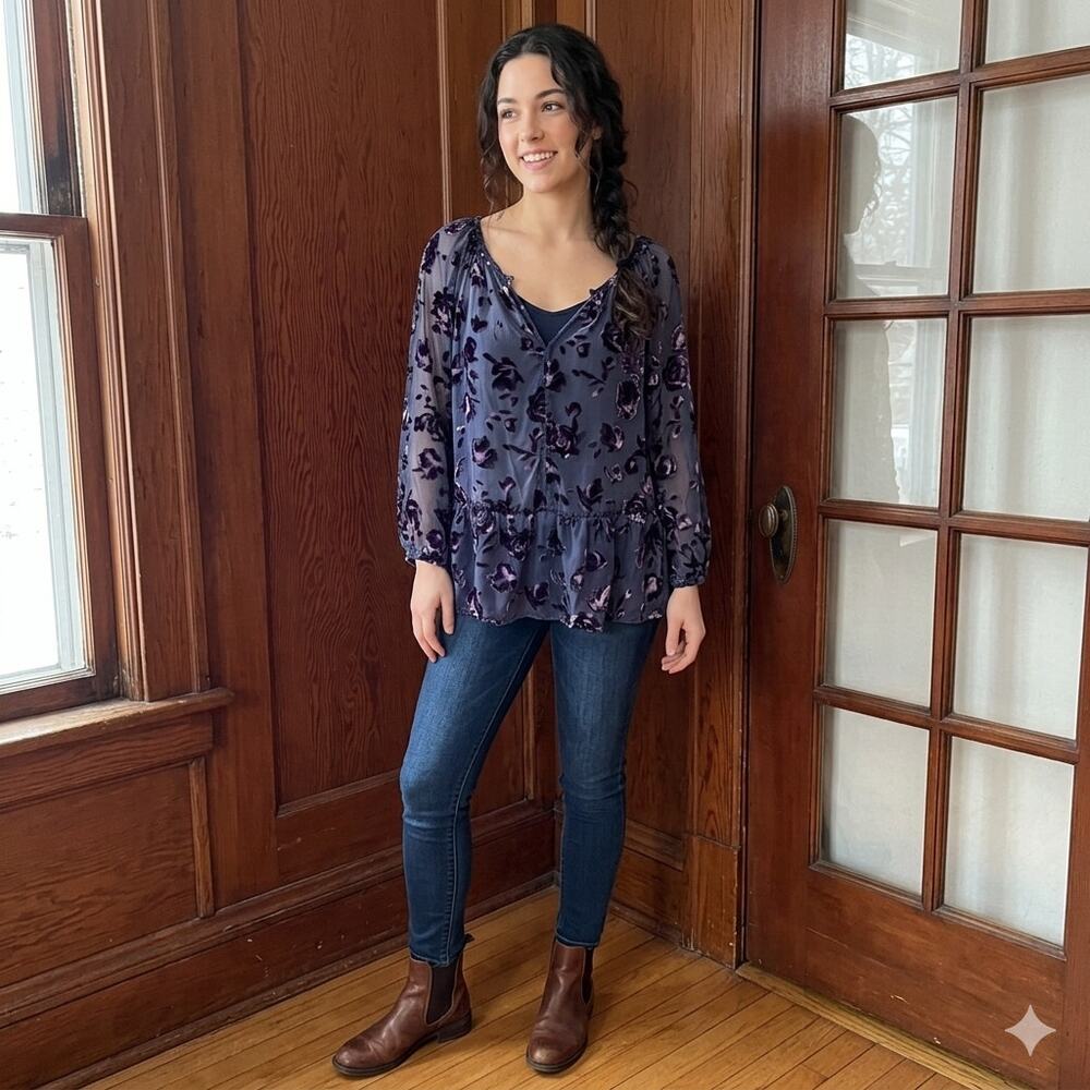 Faded Glory Velvet Burnout Floral Top Sheer Peplum Blouse Purple Navy L Y2K